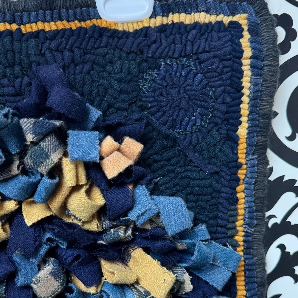 Handmade Rooster Primitive Wool Hooked Wall Hanging in Navy and Mustard